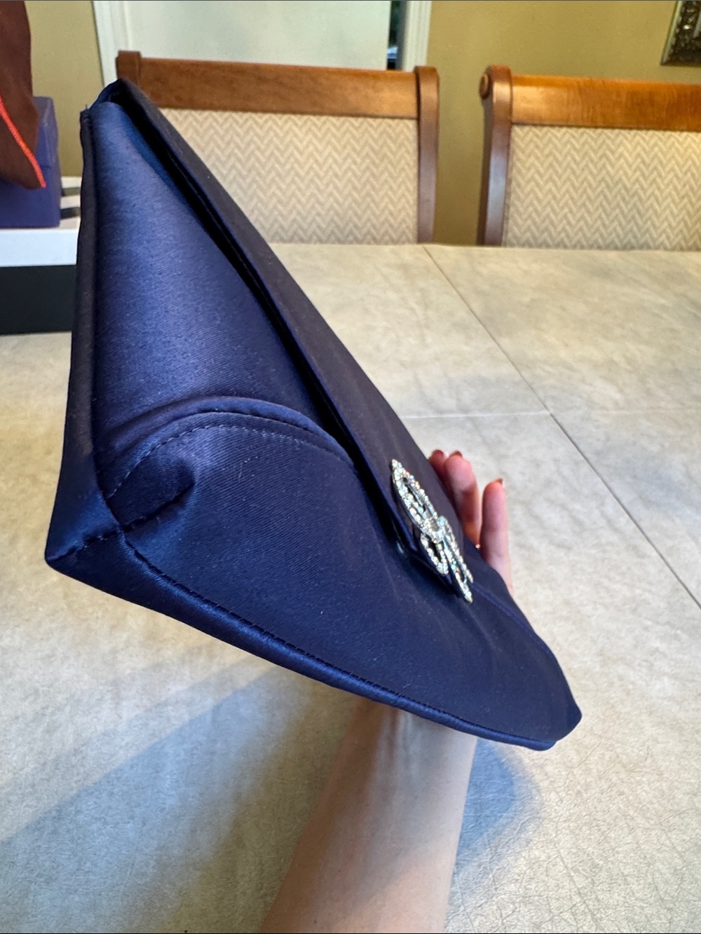 La Regale Navy Satin Envelope Clutch with Crystal Bow Accent - Picture 4 of 9